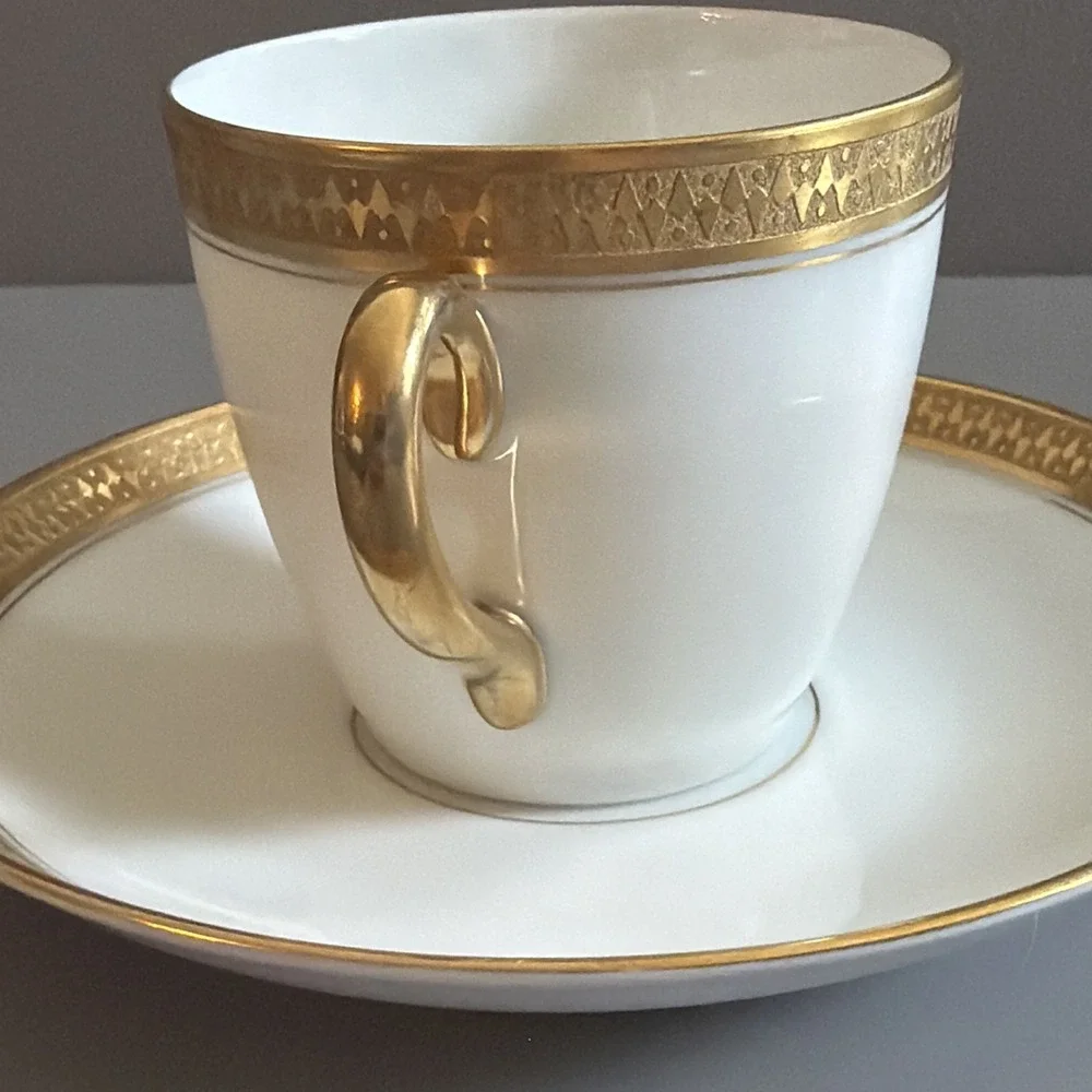Art Deco TK Thuny Czechoslovakia Porcelain Demitasse Cup & Saucer White w/ Gold
